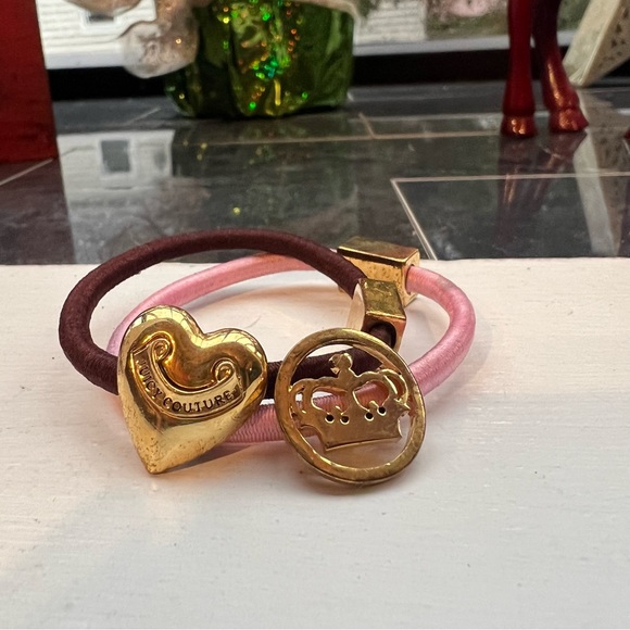 SET OF 2 OG Juicy Couture Gold Charm Pink & Brown Hair Ties - Picture 2 of 8